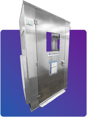 HEPAROOM 48 room isolation unit, keypad lock, pressure monitor and side exhaust grille, on a purple backdrop