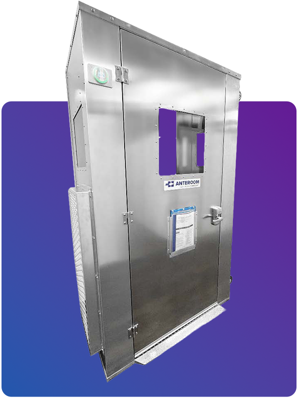 HEPAROOM 48 room isolation unit, keypad lock, pressure monitor and side exhaust grille, on a purple backdrop