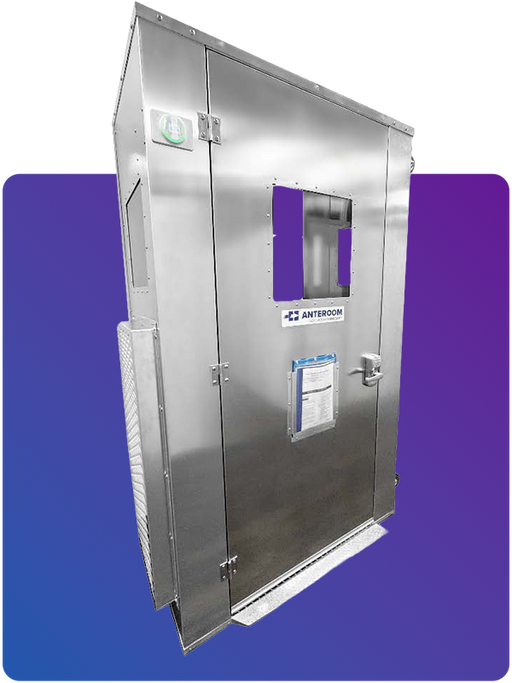 HEPAROOM 48 room isolation unit, keypad lock, pressure monitor and side exhaust grille, on a purple backdrop
