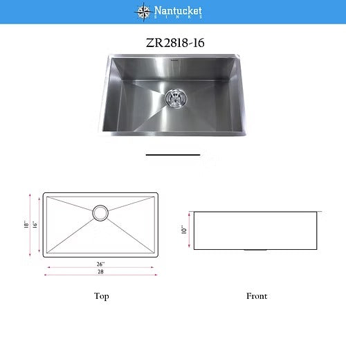 Nantucket Sinks ZR2818-16 28" Pro Series Large Single Bowl Undermount Zero Radius Stainless Steel Kitchen Sink (image 7)