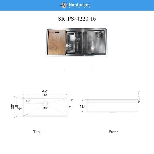 Nantucket Sinks SR-PS-4220-16 Small radius 42inch pro series large prep station single bowl undermount stainless steel kitchen sink with compatible accessories