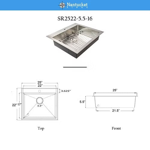 Nantucket Sinks SR2522-5.5-16 Pro Series Small Radius Topmount Single Hole ADA Kitchen Sink