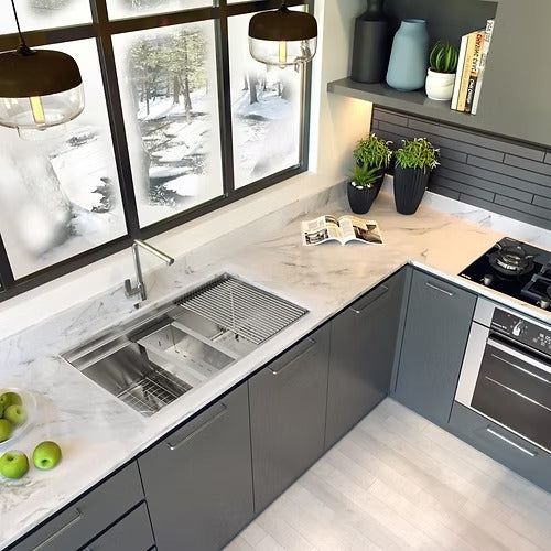 Nantucket Sinks SR-PS-3220-OSD Small radius pro series prep station single bowl undermount stainless steel kitchen sink with compatible accessories