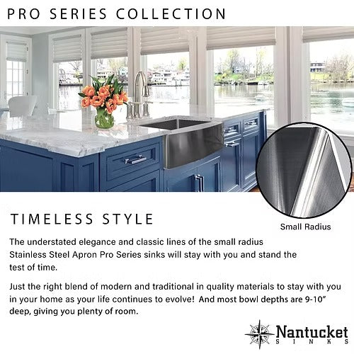 Nantucket Sinks Apron302010SR-16 30" Pro Series Single Bowl Farmhouse Apron Front Stainless Steel Kitchen Sink