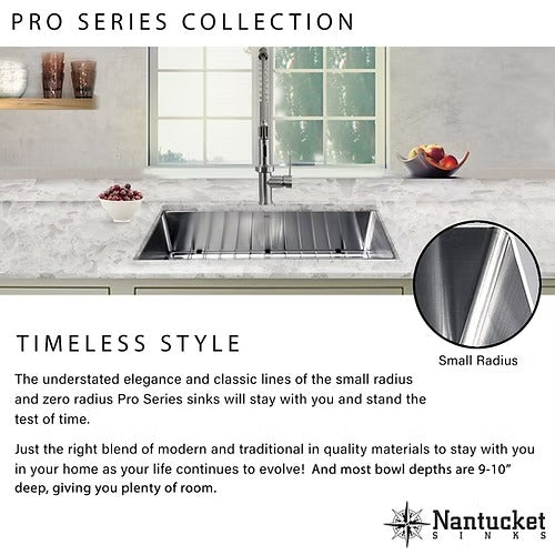 Nantucket Sinks SR3018 Pro Series Rectangle Single Bowl Undermount Small Radius Corners Stainless Steel Kitchen Sink