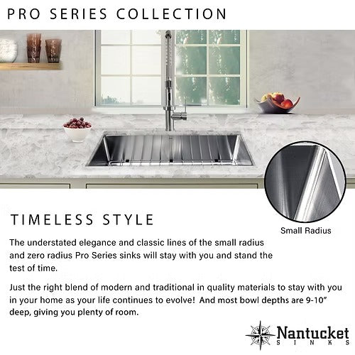 Nantucket Sinks SR3219-16 32" pro series large rectangle single bowl undermount small radius stainless steel kitchen sink