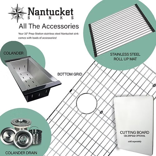 Nantucket Sinks ZR-PS-3220-16 32" Pro Series Large Prep Station Single Bowl Undermount Stainless Steel Kitchen Sink Set