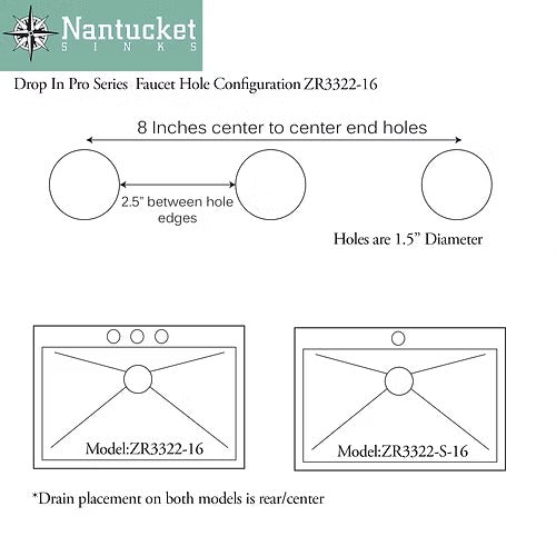 Nantucket Sinks ZR3322-S-16 33" Large Single Bowl Self Rimming Zero Radius Stainless Steel Drop In Kitchen Sink, 1 Hole