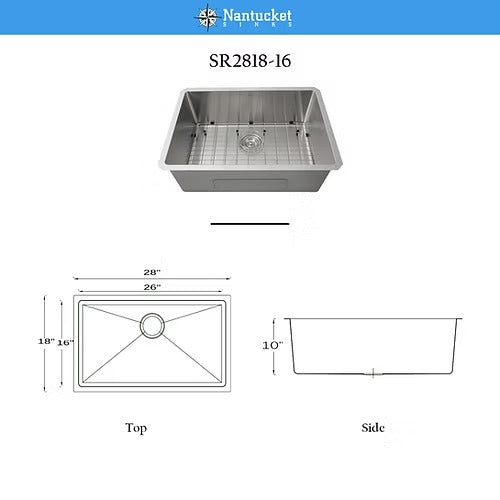Nantucket Sinks SR2818-16 Pro Series Rectangle Single Bowl Undermount Small Radius Corners Stainless Steel Kitchen Sink