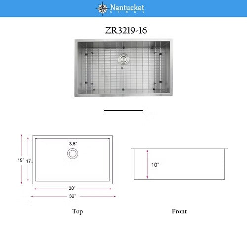 Nantucket Sinks ZR3219-16 32" Pro Series Large Rectangle Single Bowl Undermount Zero Radius Stainless Steel Kitchen Sink