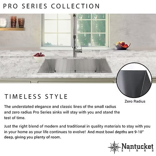 Nantucket Sinks ZR1815 15" Pro Series Rectangle Undermount Zero Radius Stainless Steel Bar/Prep Sink
