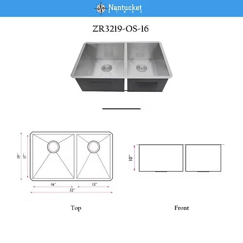 Nantucket Sinks ZR3219-OS-16 32" Pro Series 60/40 Offset Double bowl Undermount Zero Radius Stainless Steel Kitchen Sink