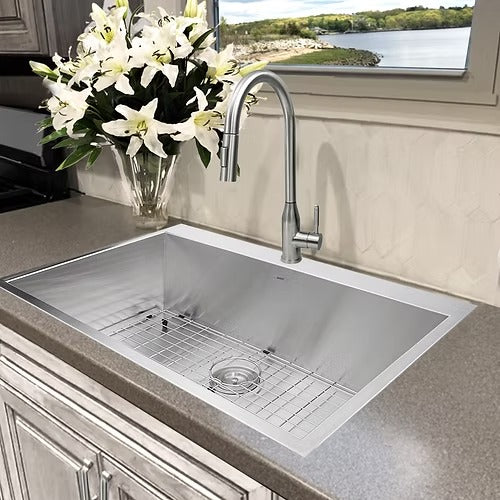 Nantucket Sinks ZR3322-S-16 33" Large Single Bowl Self Rimming Zero Radius Stainless Steel Drop In Kitchen Sink, 1 Hole