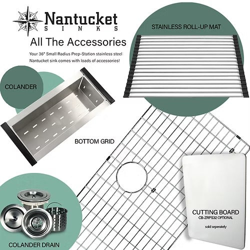 Nantucket Sinks SR-PS-3620-16 Pro Series Large Prep Station Single Bowl Undermount Kitchen Sink with Compatible Accessories