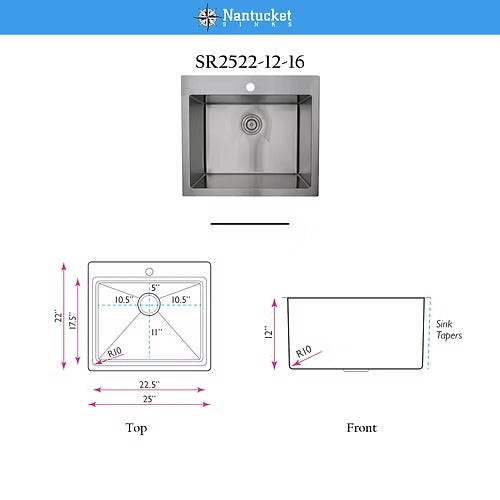 Nantucket Sinks SR2522-12-16 25" Pro Series Rectangle Topmount Small Radius Corners Laundry Sink