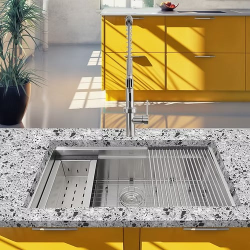 Nantucket Sinks ZR-PS-3220-16 32" Pro Series Large Prep Station Single Bowl Undermount Stainless Steel Kitchen Sink Set