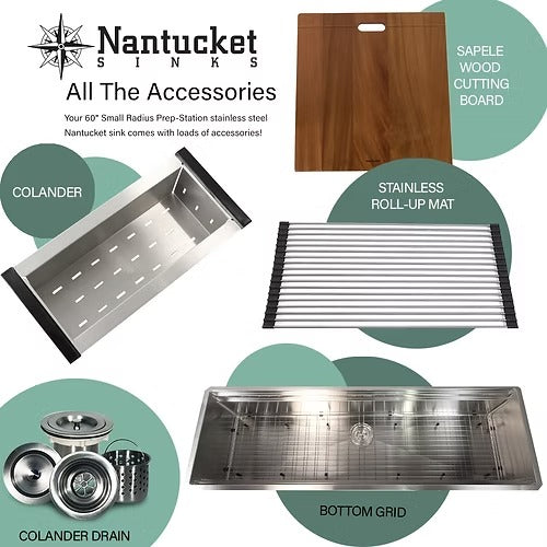 Nantucket sinks SR-PS-6020-16 60" pro series large prep station single bowl undermount stainless steel kitchen sink