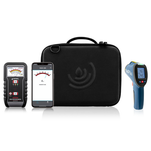 Tramex Flooring Installation Quick Check Kit - IQCK A compact kit displayed with various tools and measuring devices arranged neatly, designed for quick checks in flooring installation. The image features a sturdy carrying case and labeled compartments for easy organization.