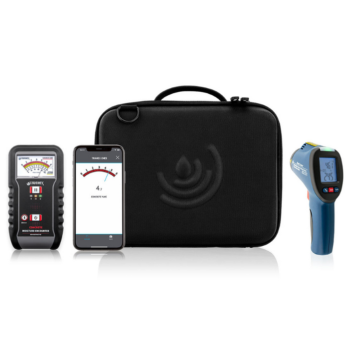 Tramex Flooring Installation Quick Check Kit - IQCK A compact kit displayed with various tools and measuring devices arranged neatly, designed for quick checks in flooring installation. The image features a sturdy carrying case and labeled compartments for easy organization.