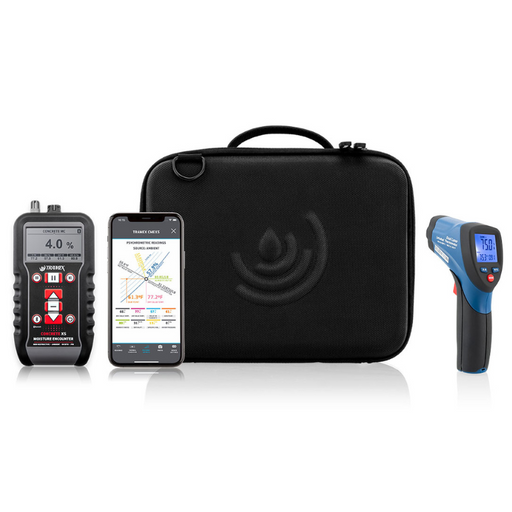 Tramex Flooring Installation Quick Check Plus Kit - IQCPK A comprehensive flooring installation testing kit featuring various moisture measurement tools and accessories, laid out on a flat surface with clear labeling for easy identification.