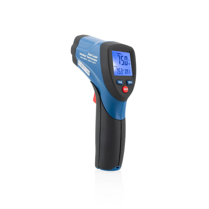 Tramex Flooring Inspection Master Kit X - FMK-X An infrared thermometer with a sleek design, featuring a digital display and a pointed sensor for precise temperature readings.