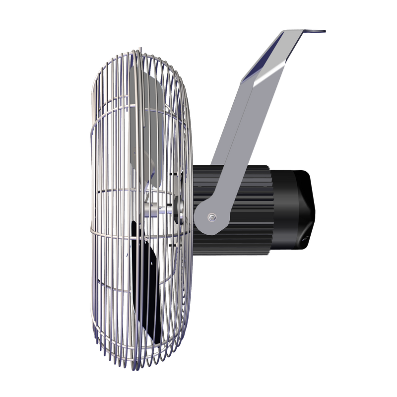J&D Stainless-Steel Basket Fan, side view on its stainless mounting bracket