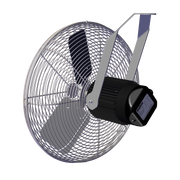 J&D Stainless-Steel Basket Fan, rear view showing the finned motor and bracket