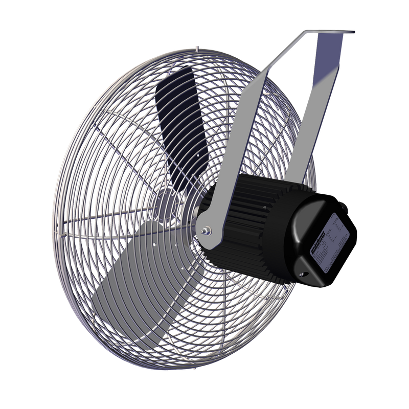 J&D Stainless-Steel Basket Fan, rear view showing the finned motor and bracket