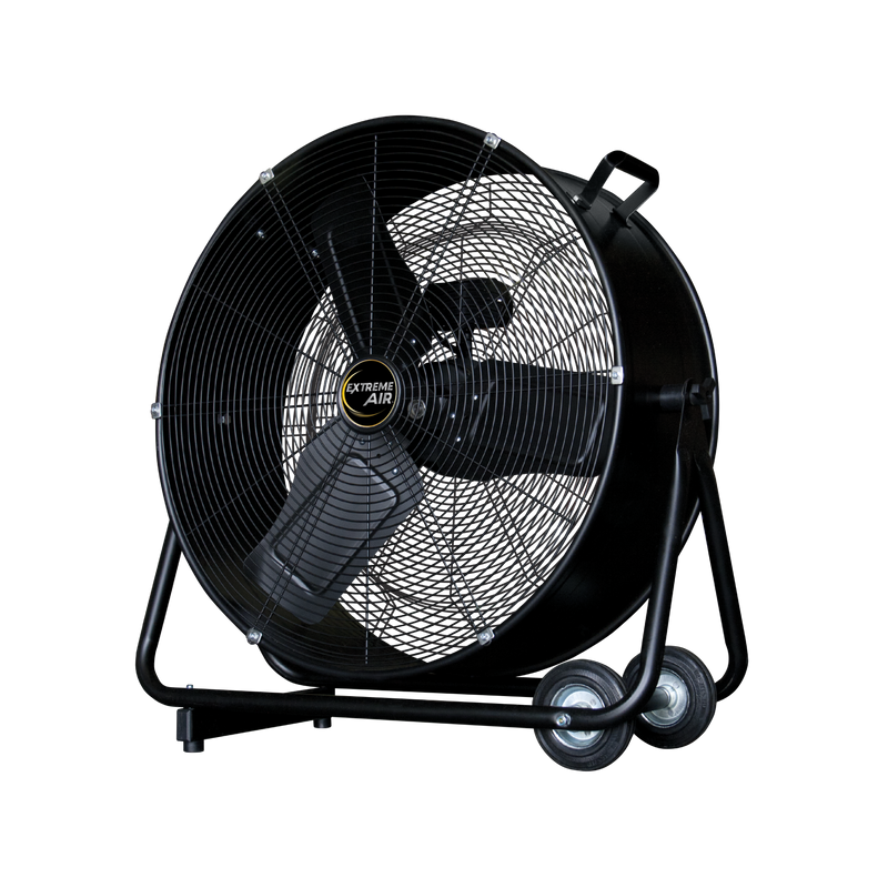 J&D 24" Premium Direct Drive drum fan with black steel drum on a tilting wheeled cart