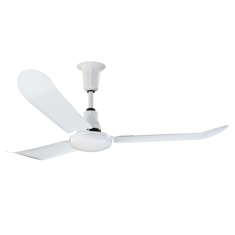 J&D 60" white indoor/outdoor ceiling fan with curved steel blades and downrod