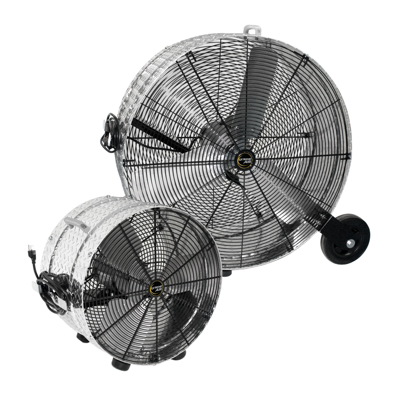 J&D Diamond Brite portable drum fans, a 20" and a 30" model side by side