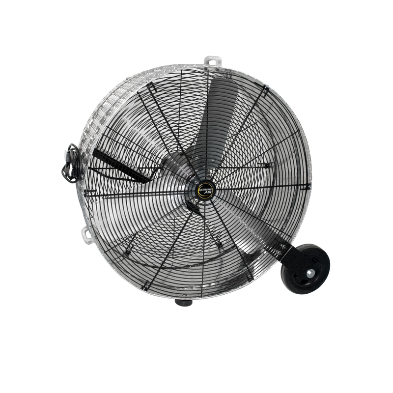 J&D Diamond Brite 30" and 36" drum fan with black guard, handle and 8" wheel
