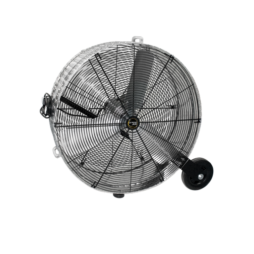 J&D Diamond Brite 30" and 36" drum fan with black guard, handle and 8" wheel