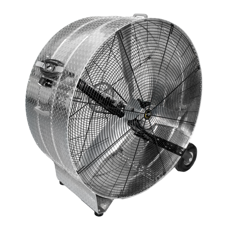 J&D Diamond Brite 48" belt-drive drum fan with 10" wheels and rubber feet