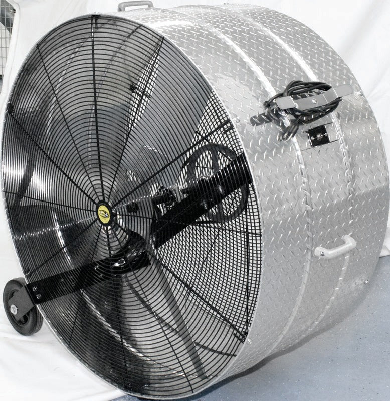 J&D Diamond Brite drum fan, angled view of the textured aluminum drum