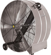J&D Galvanized portable drum fan with grey steel drum, black guard, wheels and rubber feet