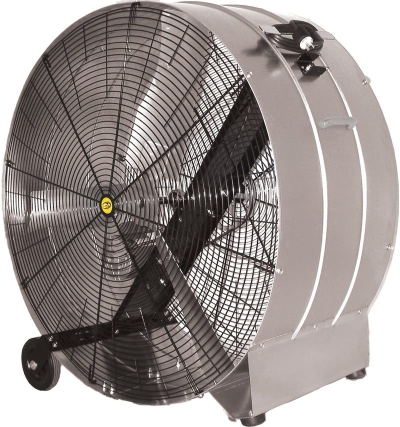 J&D Galvanized portable drum fan with grey steel drum, black guard, wheels and rubber feet
