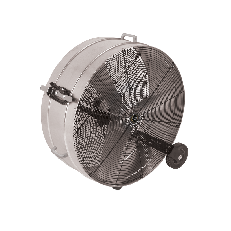 J&D Galvanized 36" drum fan with black guard, handle and 8" wheel