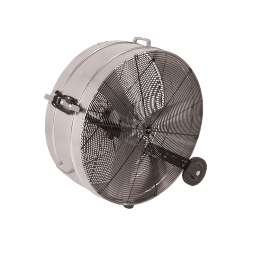 J&D Galvanized 36" drum fan with black guard, handle and 8" wheel