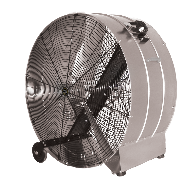 J&D Galvanized 48" belt-drive drum fan with 10" wheels and rubber feet