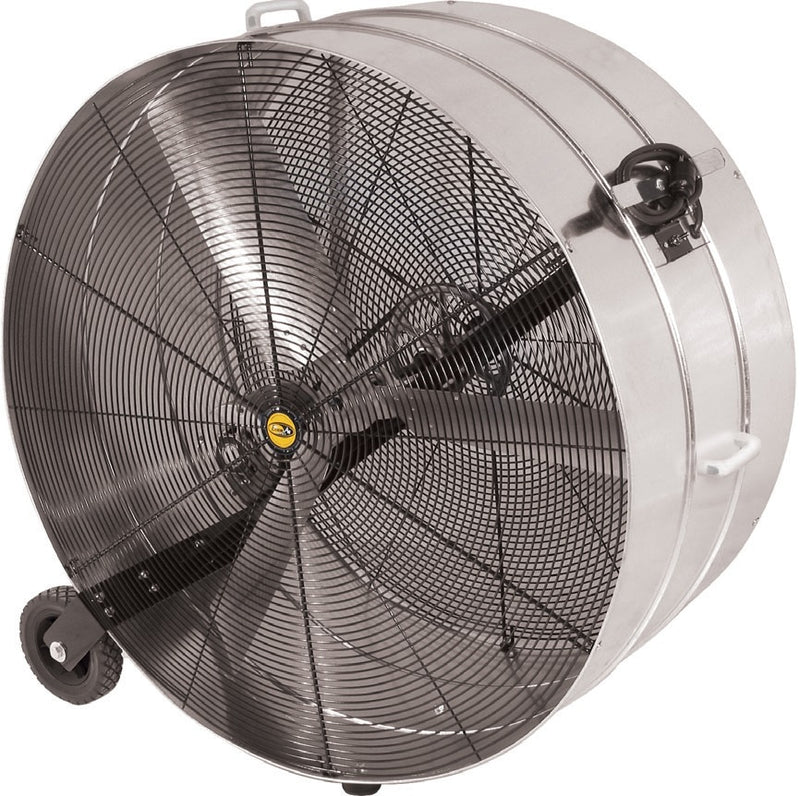 J&D Galvanized drum fan, angled view showing the guard and wheel