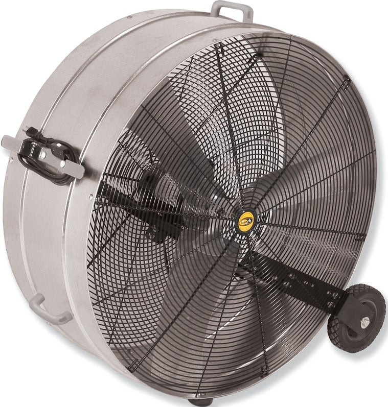 J&D Galvanized drum fan, angled view showing the cord wrap and wheel