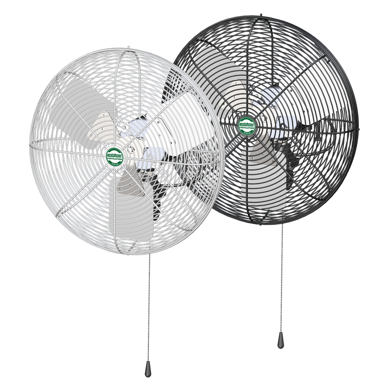 J&D Heavy-Duty Industrial basket fans, one black and one white, front three-quarter view