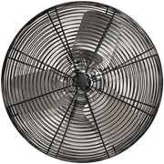 J&D Heavy-Duty Industrial basket fan in black, front view of the guard and blades
