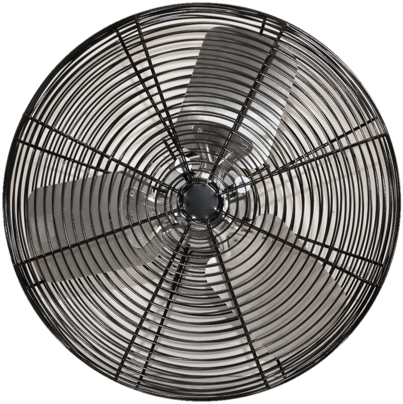 J&D Heavy-Duty Industrial basket fan in black, front view of the guard and blades
