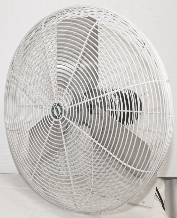 J&D Heavy-Duty Industrial basket fan in white, angled view