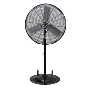 J&D Heavy-Duty Industrial pedestal fan with black fan head, pole and wheeled base