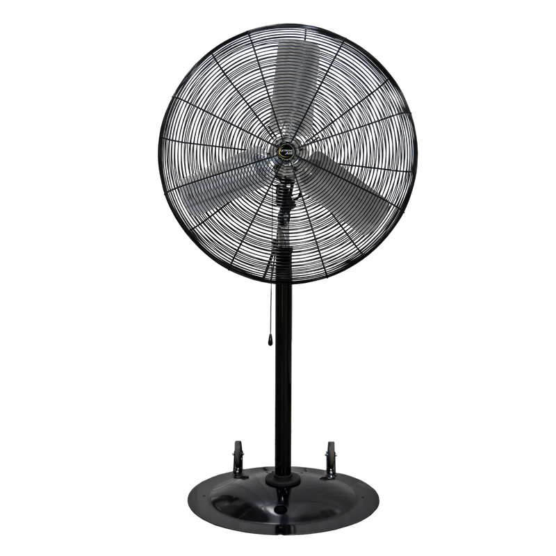 J&D Heavy-Duty Industrial pedestal fan with black fan head, pole and wheeled base