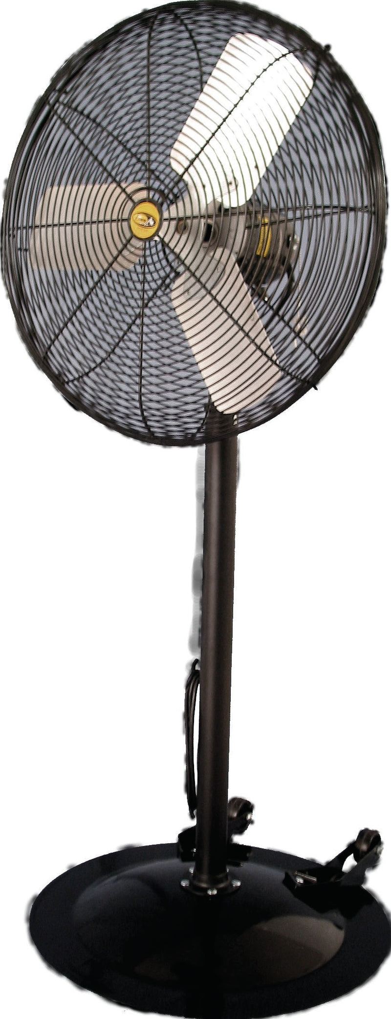 J&D Heavy-Duty Industrial pedestal fan, full height view of the stand and base