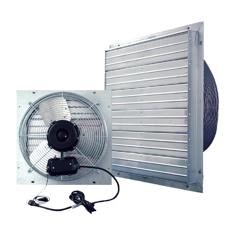 J&D Indoor/Outdoor ES shutter fan shown from the shutter side and the motor side with cord